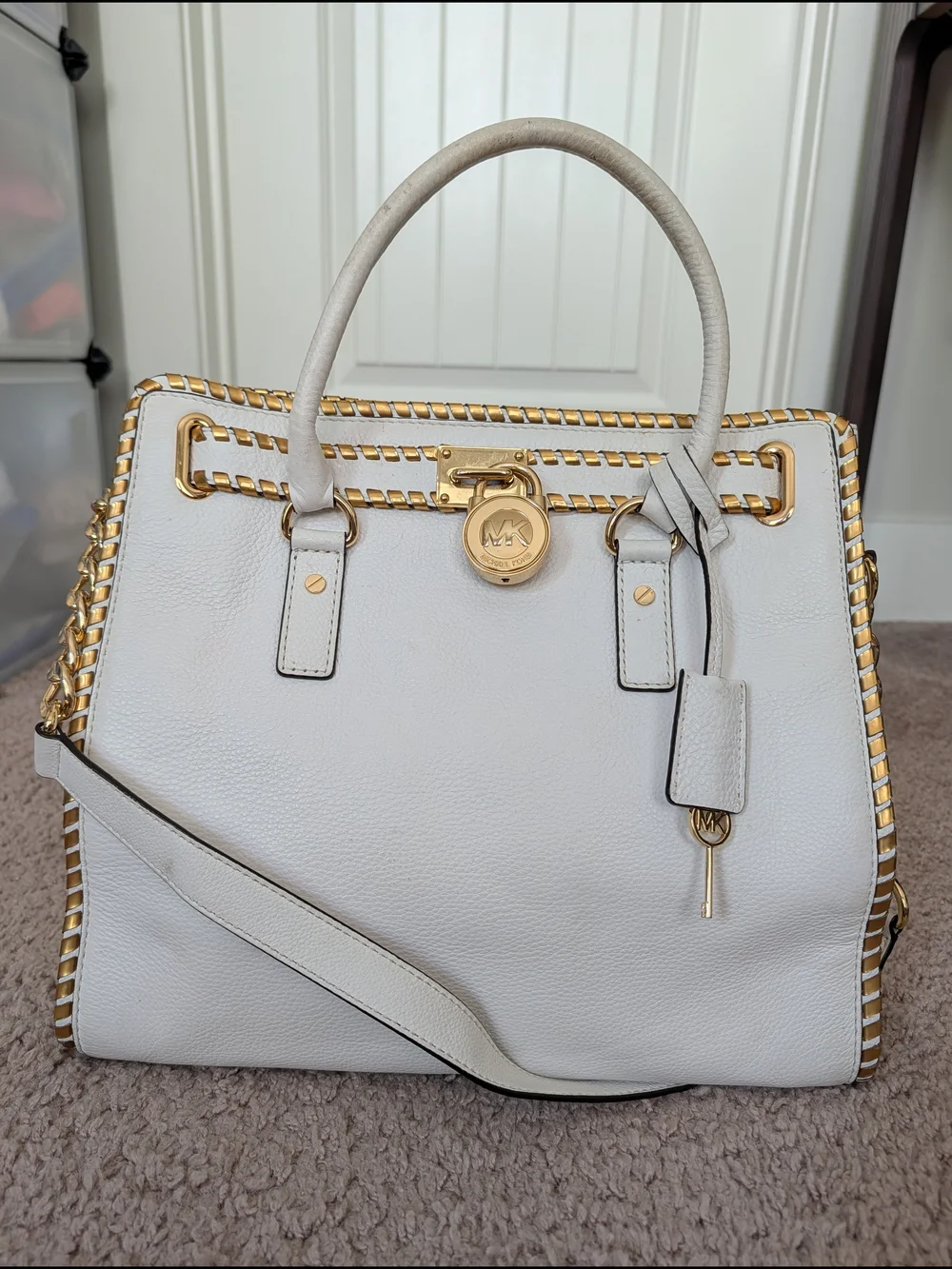 Michael Kors White Gold Hamilton Whipped Leather Satchel Handbag Purse